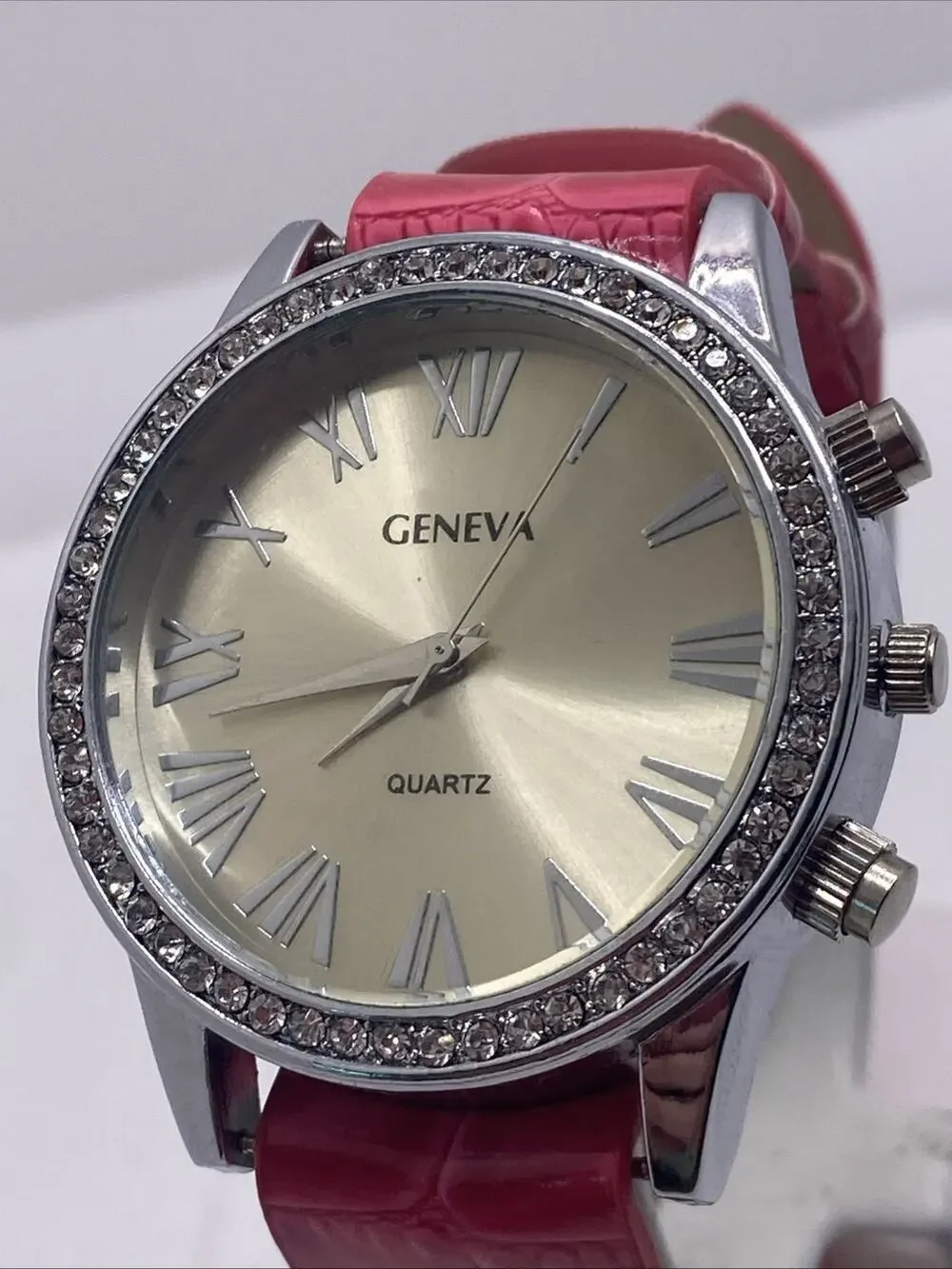 Geneva Womens Silver Rhinestone Pink Watch New Battery